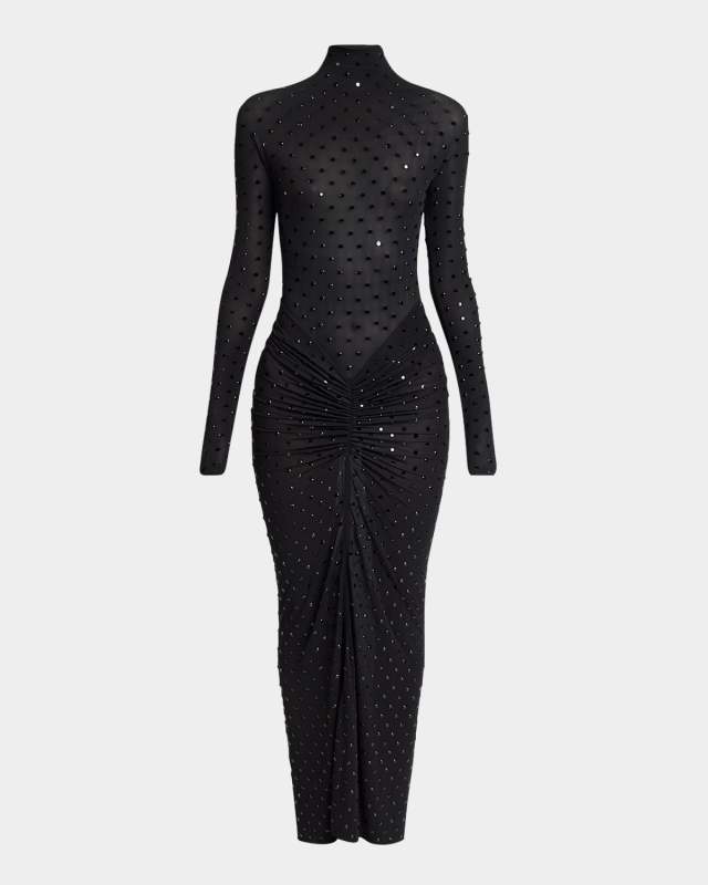 Studded Long-Sleeve Draped Sheer Maxi Dress